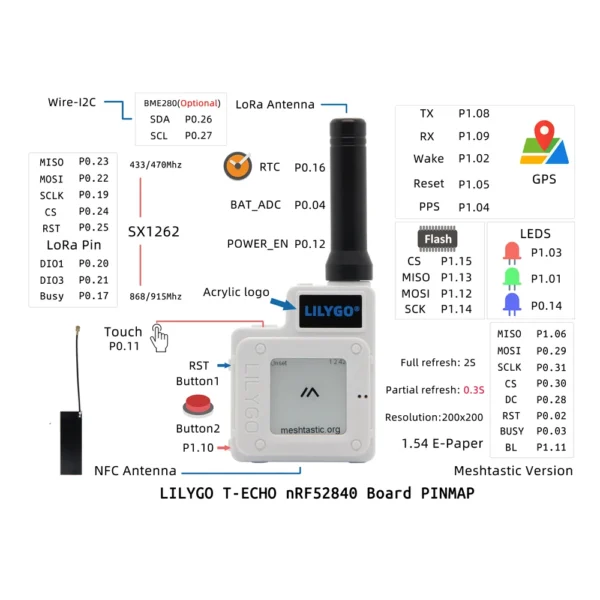 ⁦LILYGO® TTGO Meshtastic T-Echo وحدة لاسلكية LoRa SX1262 433/868/915MHz NRF52840 1.54 شاشة إلكترونية GPS RTC NFC BME280 لأردوينو⁩ - الصورة ⁦6⁩
