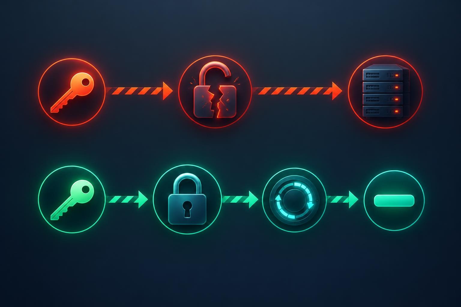 Diagram showing how a reused admin password without MFA leads to direct CDE access, versus the same attack blocked when MFA is enforced.