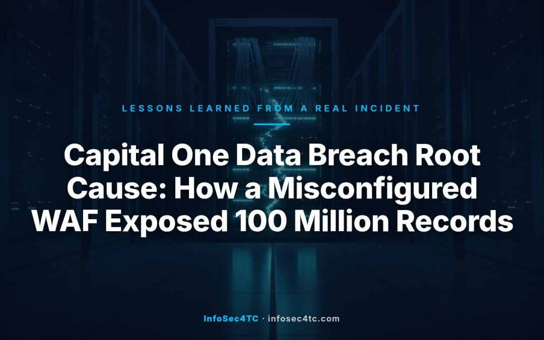 Diagram of the Capital One data breach attack path from WAF misconfiguration through SSRF to exposed AWS S3 buckets