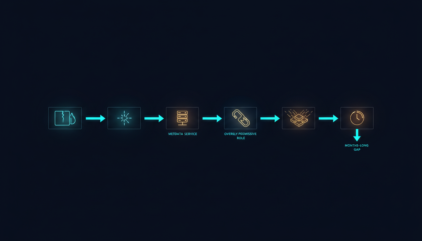 Flow diagram of the root cause chain in the Capital One breach from WAF misconfiguration to S3 data exfiltration