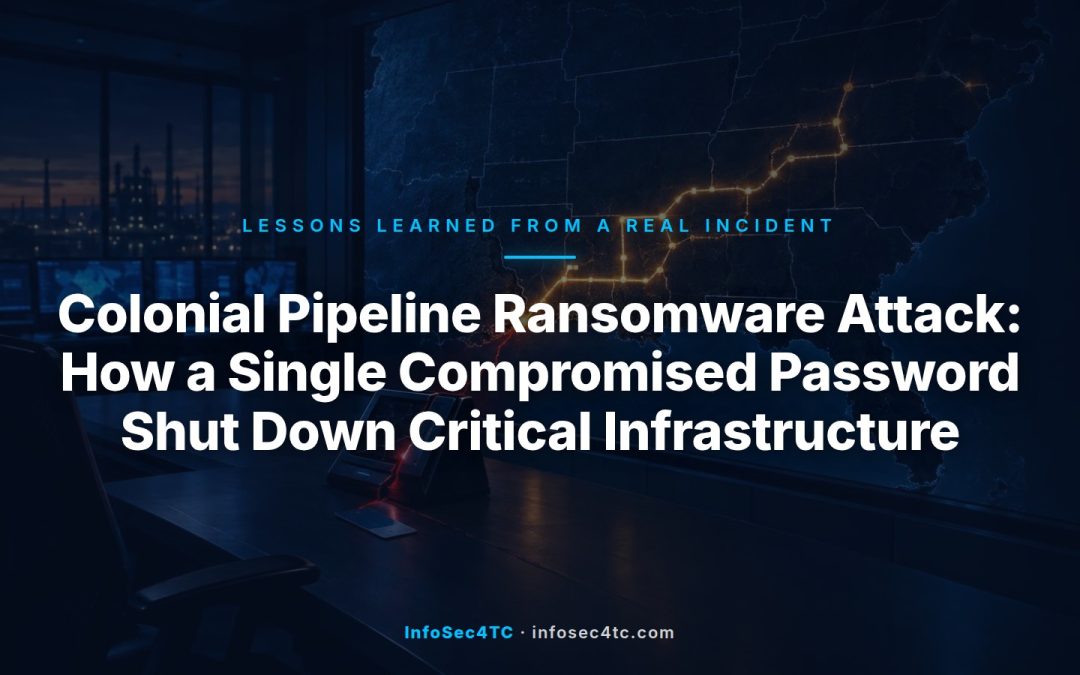Illustration of a fuel pipeline and a broken padlock over a password field, representing the Colonial Pipeline ransomware root cause