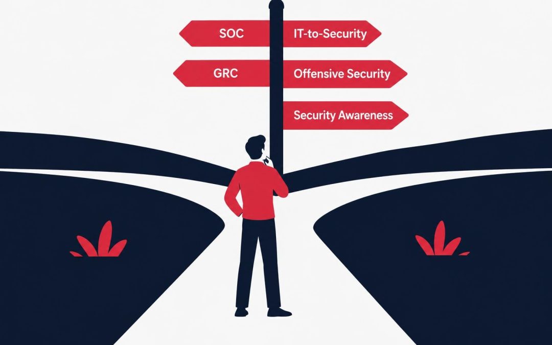 Illustration of five entry-level cybersecurity career path signs at a crossroads: SOC, IT-to-security, GRC, offensive security, and security awareness.