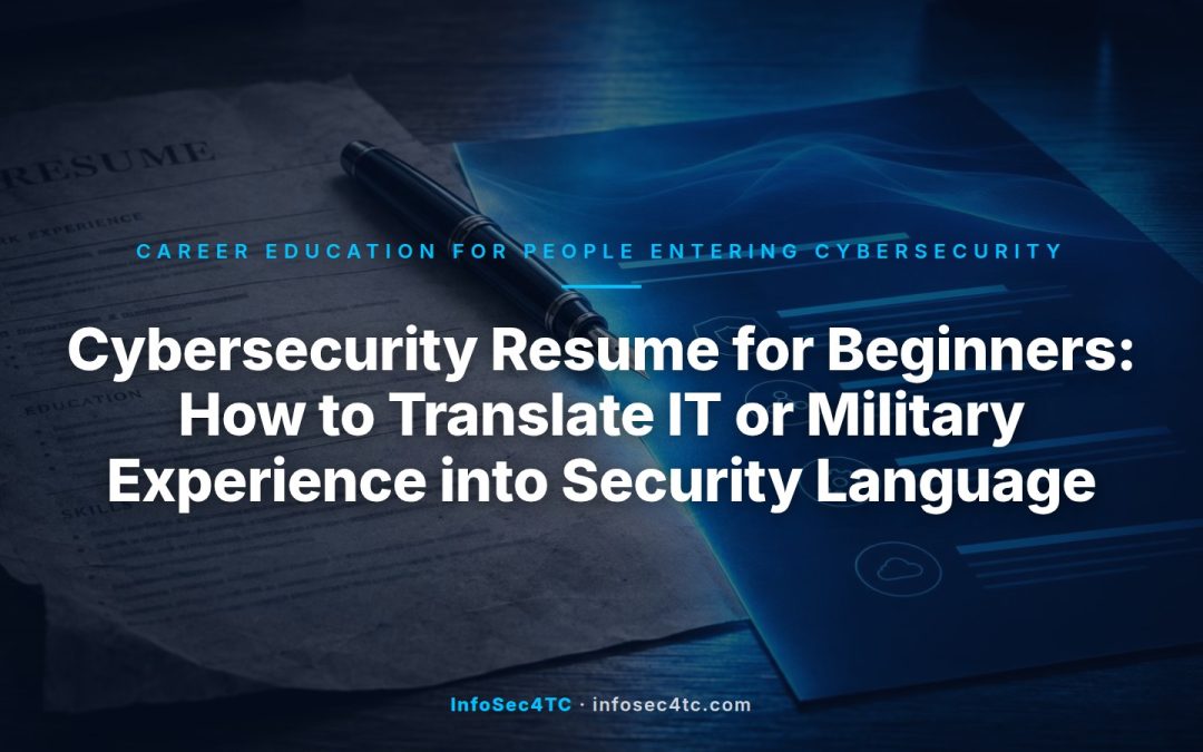 Before and after comparison of a cybersecurity resume bullet showing how IT experience is translated into security language