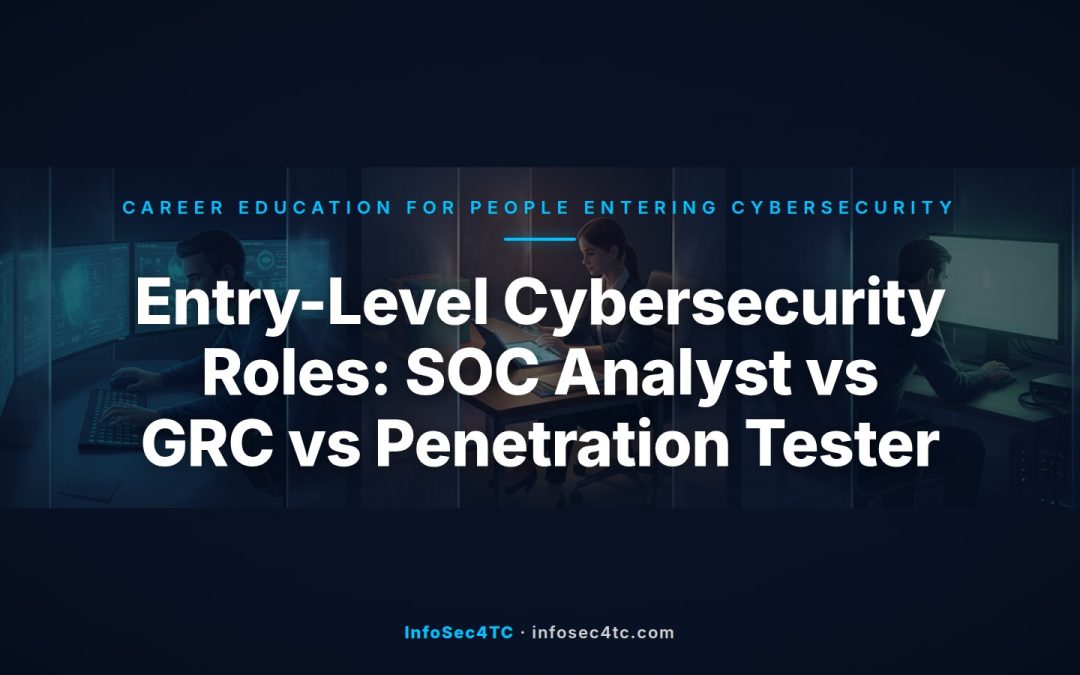 Three entry-level cybersecurity roles compared: SOC Analyst, GRC Analyst, and Penetration Tester