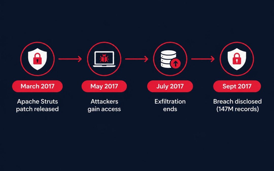 Timeline graphic of the 2017 Equifax data breach from patch release to public disclosure