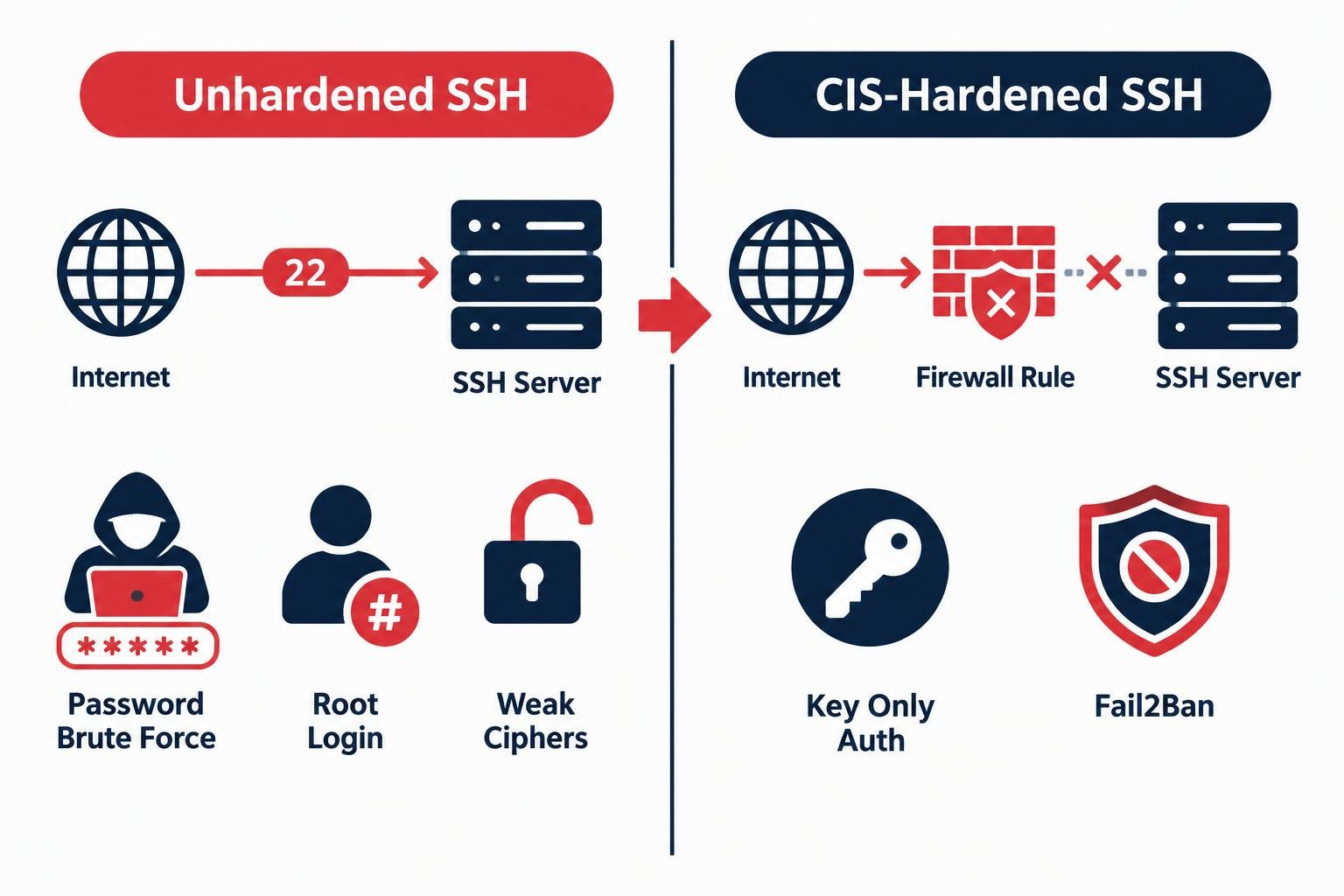 Before and after diagram comparing an unhardened SSH configuration to a CIS-hardened SSH configuration on a Linux server.