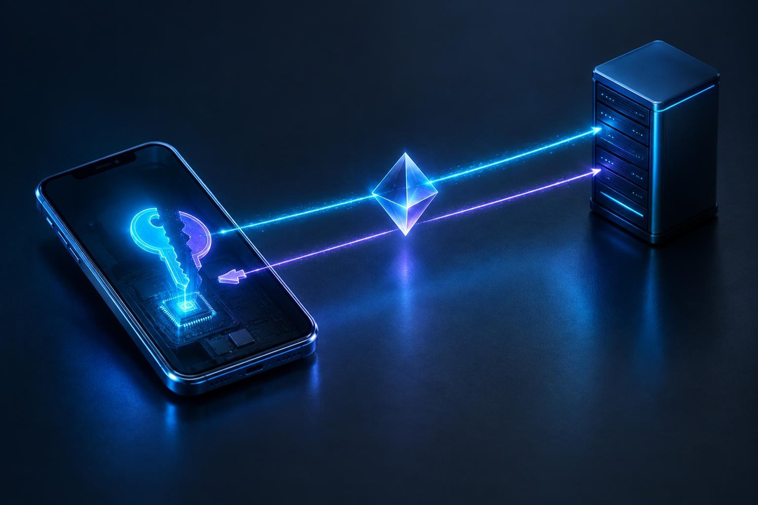 Diagram of FIDO2 passkey authentication flow showing the private key staying on the device and the public key stored on the server.
