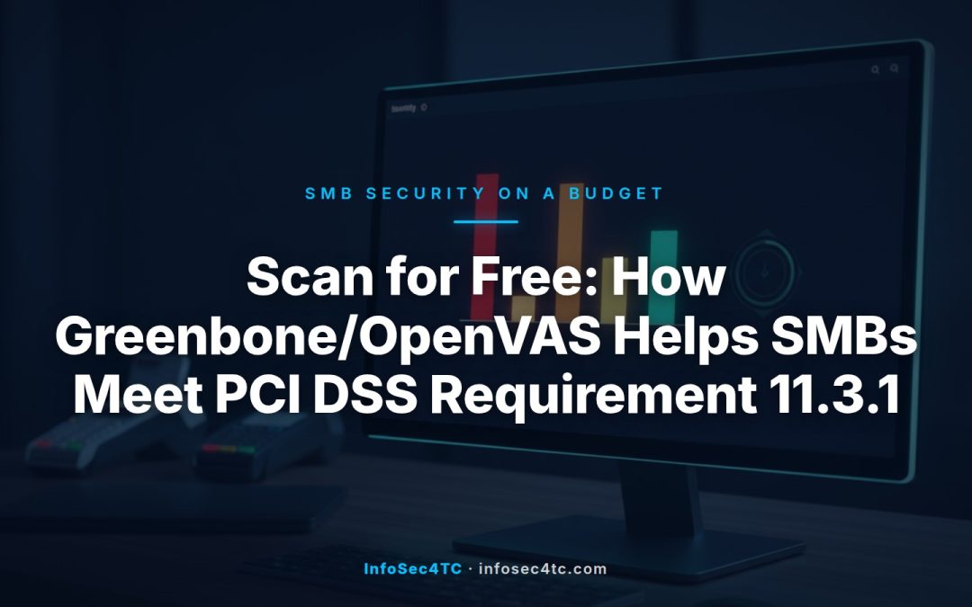 Illustration of a free PCI DSS vulnerability scanning dashboard representing Greenbone/OpenVAS for SMBs