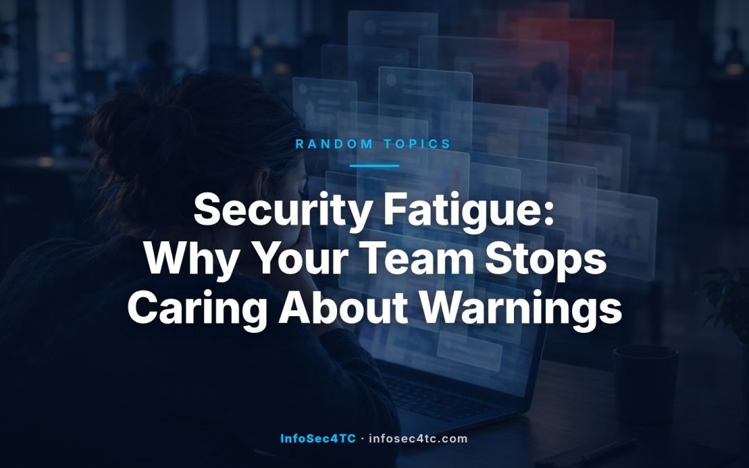Employee at a laptop overwhelmed by multiple overlapping security warning pop-ups, illustrating security fatigue