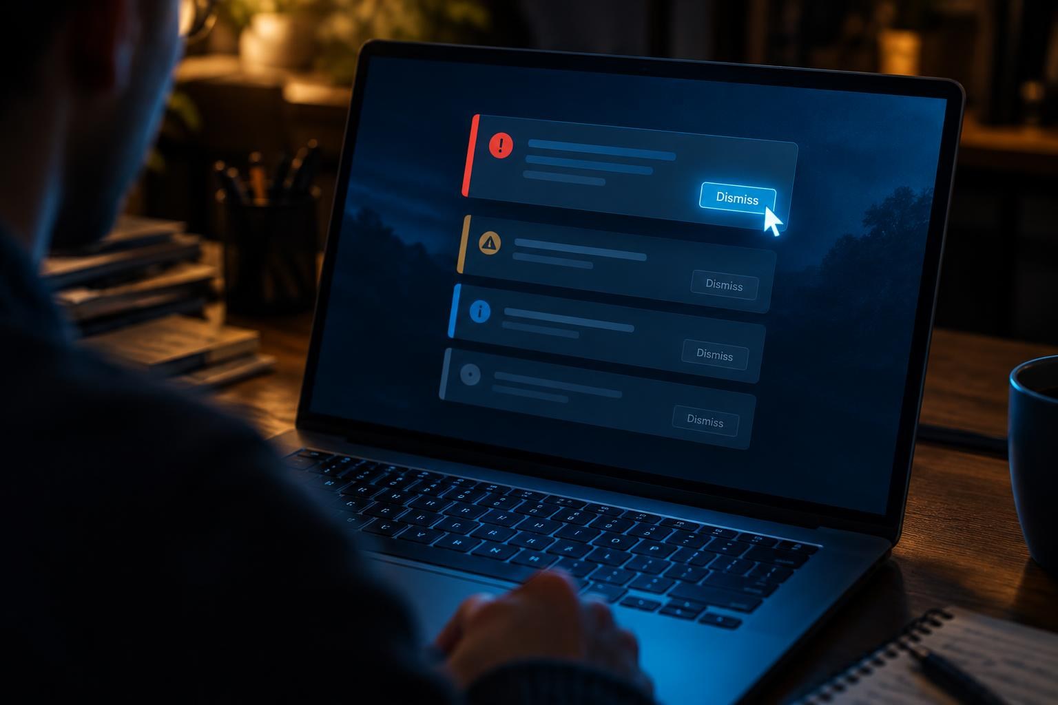 Laptop screen showing multiple dismissed security pop-up warnings