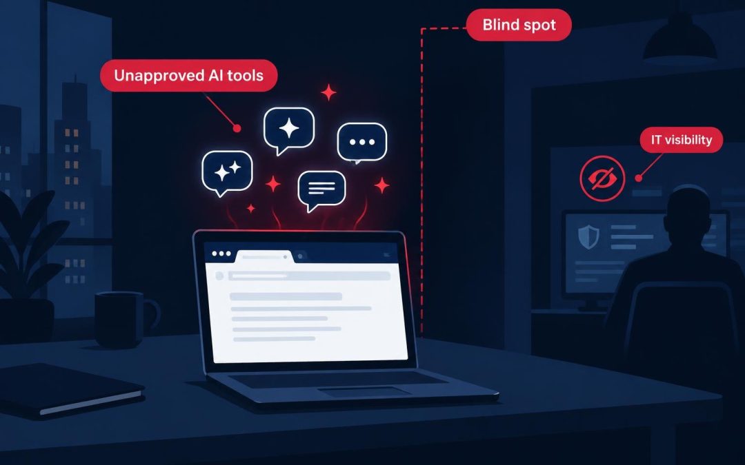 Illustration of unapproved AI chatbot icons glowing unnoticed inside a corporate network, representing Shadow AI risk