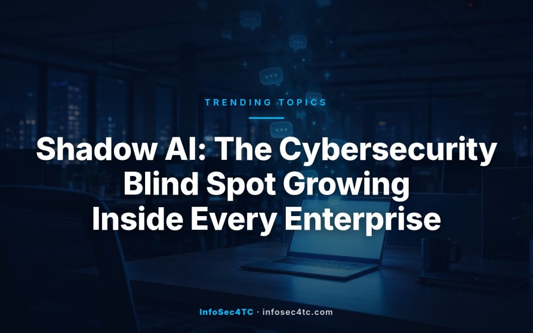 Illustration of unapproved AI chatbot icons glowing unnoticed inside a corporate network, representing Shadow AI risk