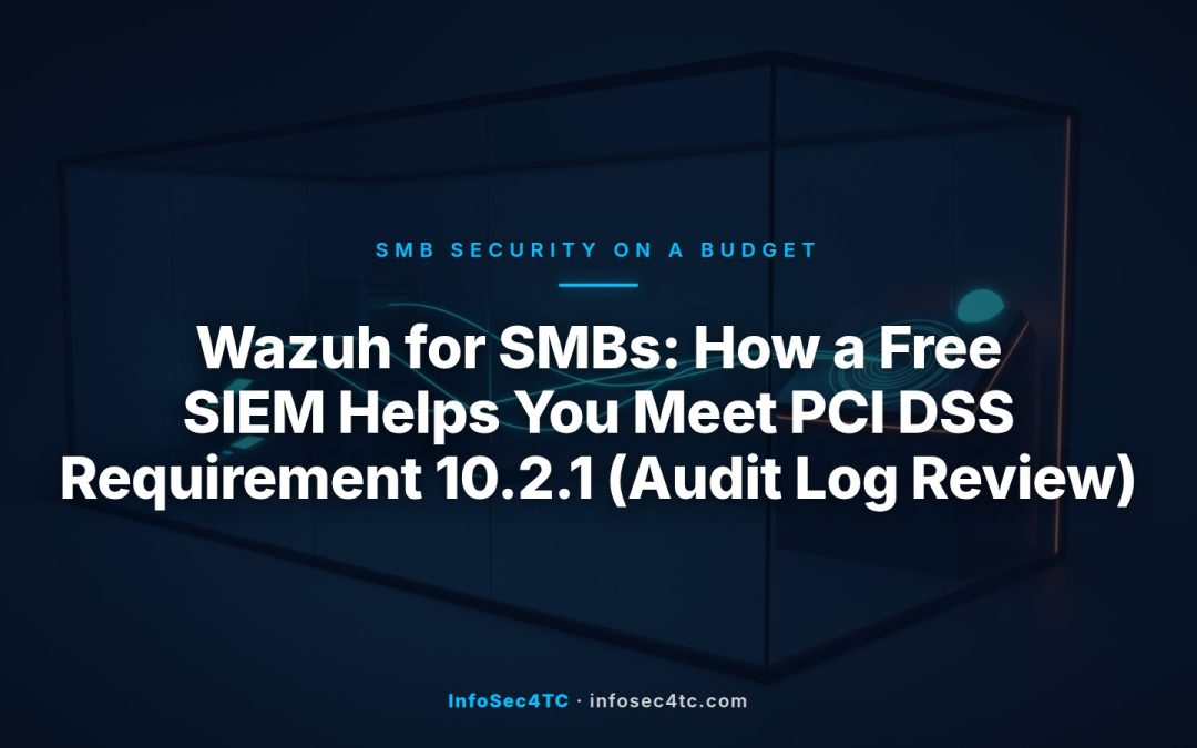 Wazuh free SIEM architecture diagram showing SMB cardholder data environment systems feeding audit logs into the Wazuh dashboard for PCI DSS Requirement 10.2.1 compliance