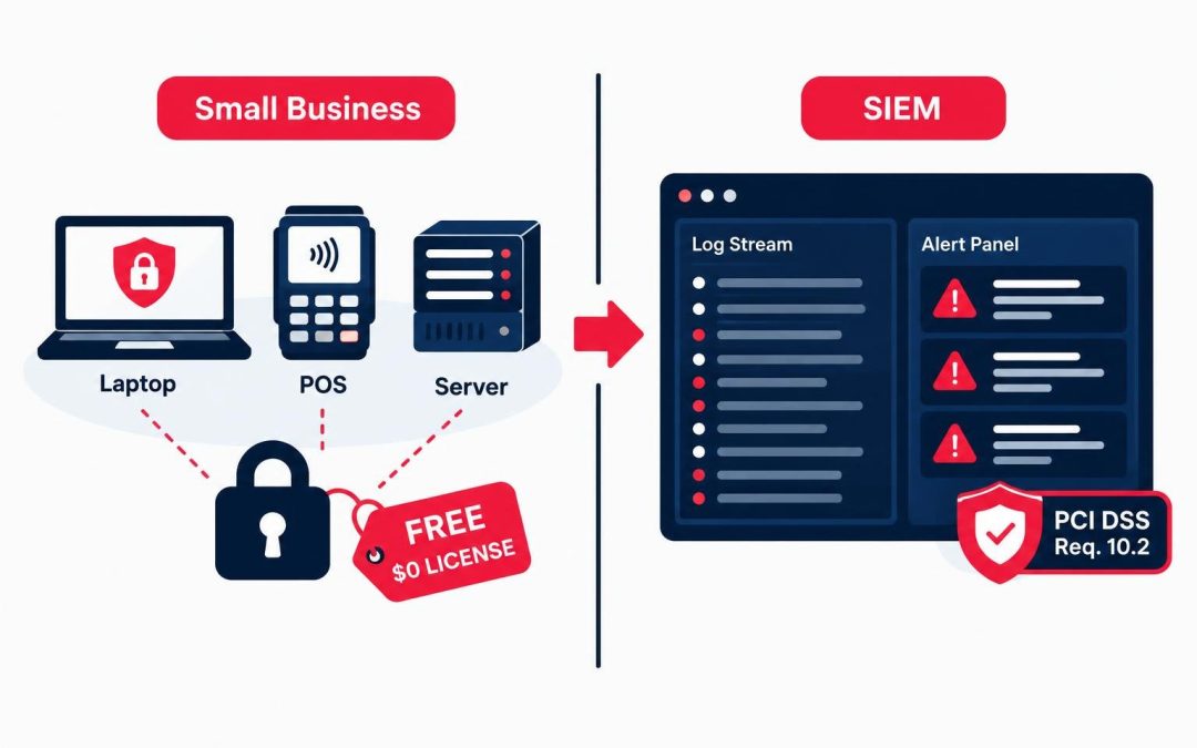 Illustration of a free, open-source Wazuh SIEM dashboard helping an SMB meet PCI DSS Requirement 10.2 logging requirements